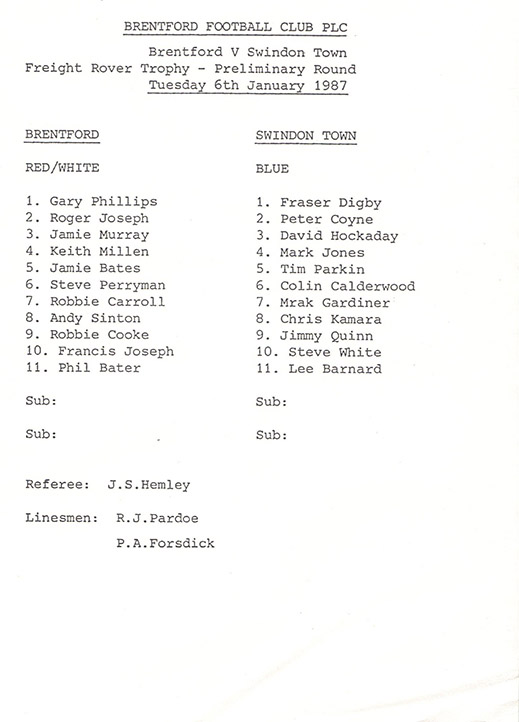 <b>Tuesday, January 6, 1987</b><br />vs. Brentford (Away)